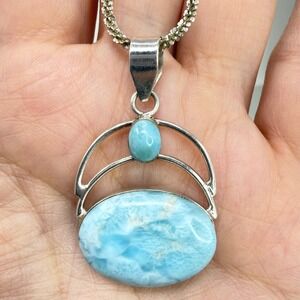 Larimar Sterling Silver Necklace Blue Cabochon Celestial Design Pendant